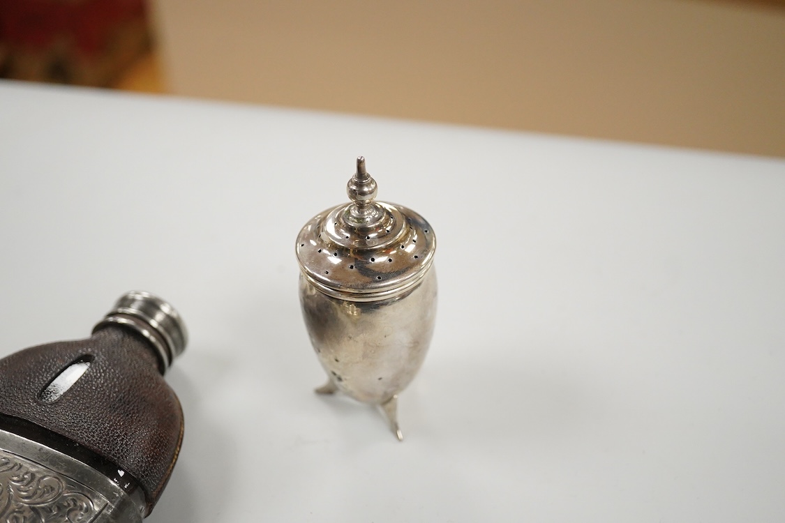Sundry small silver, including two cigarette cases, a match sleeve holder, three napkin rings, two condiments, matchbox sleeve, shaving brush canister, commemorative small dish, a mounted hand mirror and mounted handbag